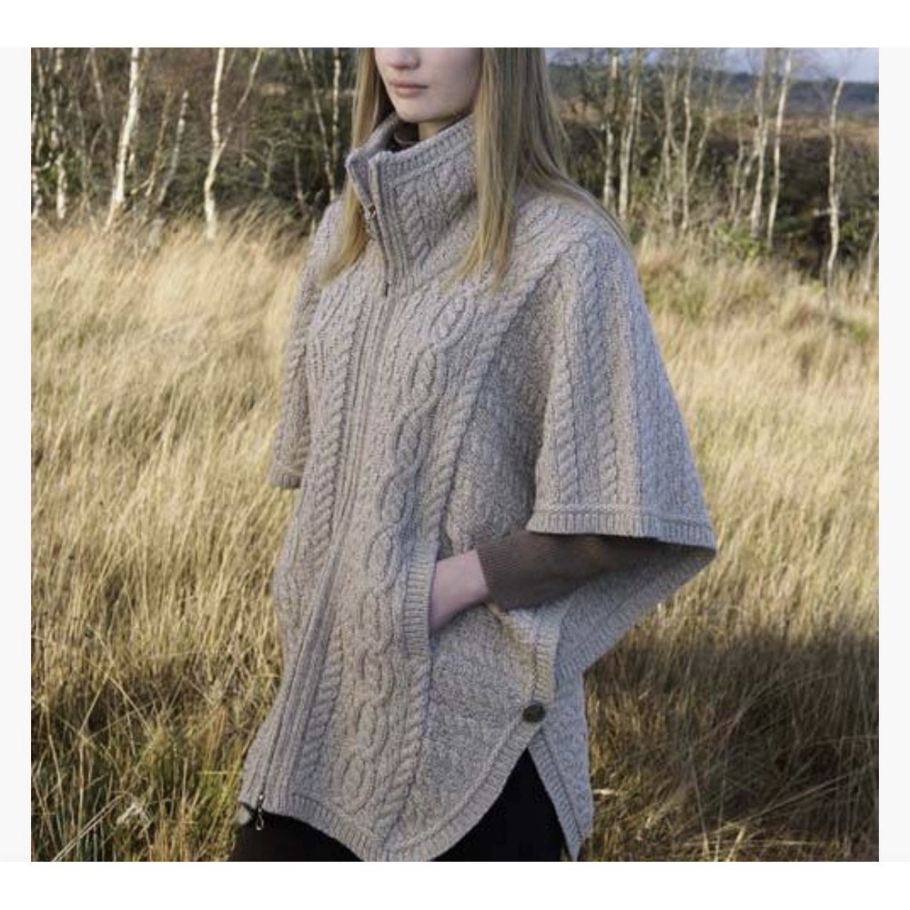 NWT Aran Funnel Neck Sweater Jacket Ireland Merino Wool Poncho Cape FullZip M/L